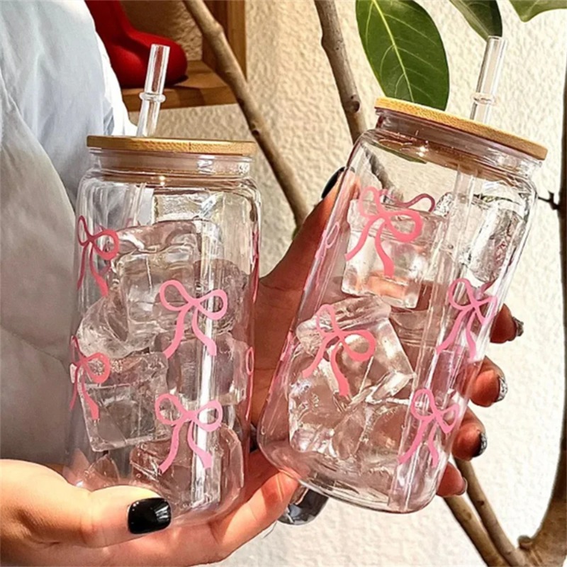 1pc Cute Bow Glass Cup 500ml T - Training Cup Straw ulasan dan harga
