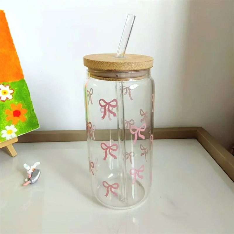 1pc Cute Bow Glass Cup 500ml T - Training Cup Straw ulasan dan harga