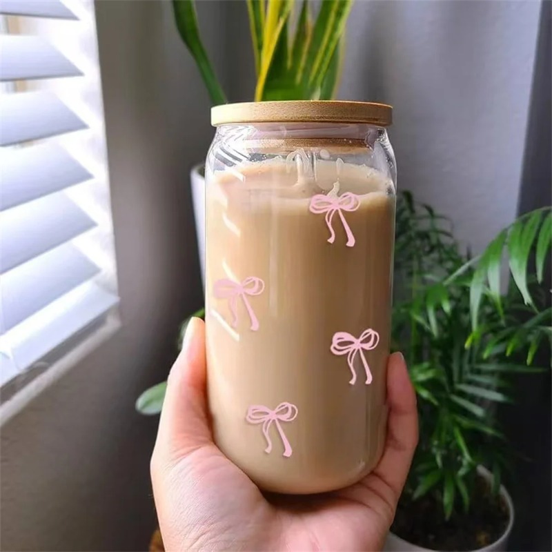 1pc Cute Bow Glass Cup 500ml T - Training Cup Straw ulasan dan harga